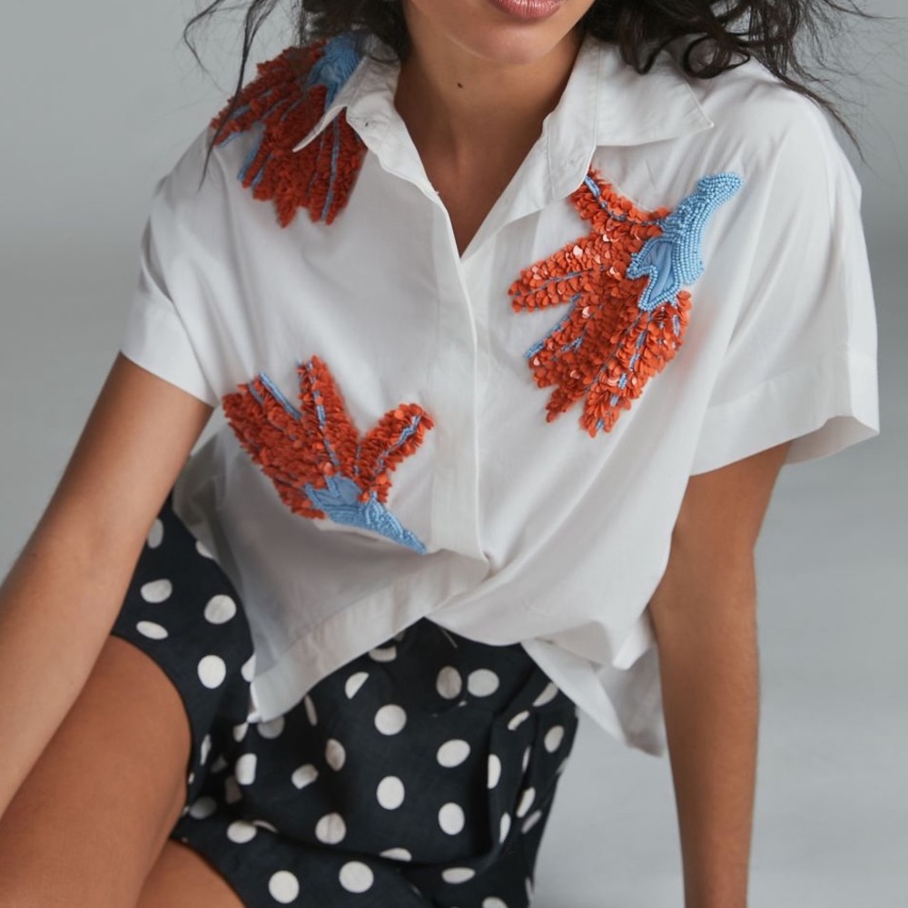 Anthropology, Floral Beaded Button down